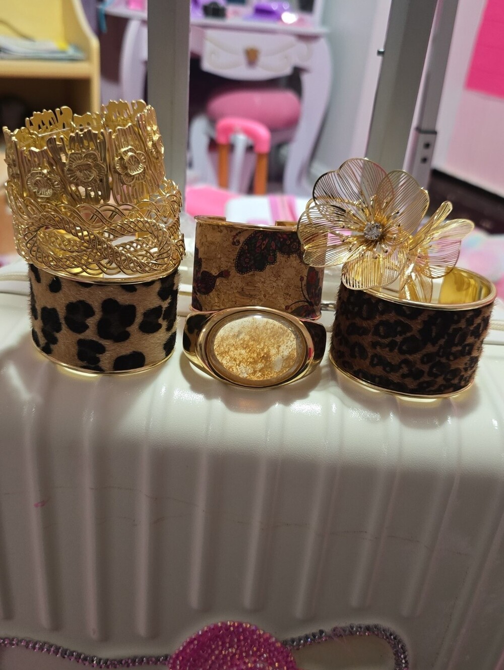 Gold and Leopard Print Women's Cuff Bracelet Set